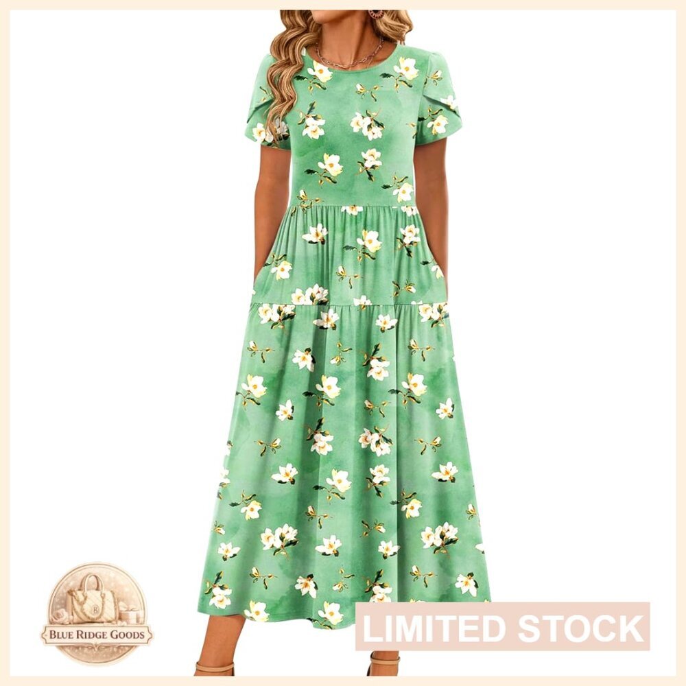 Maxi Bohemian Floral Dress Casual Flowy Beach Sundress Short Sleeve